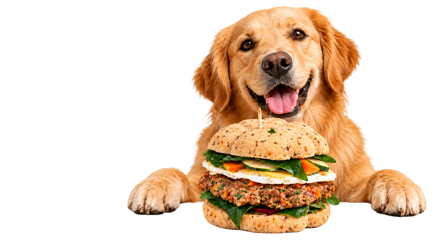 Perro junto a una hamburguesa Biffy